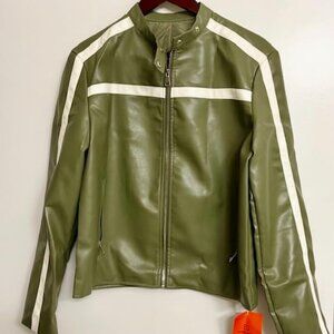 Women's Army Green Faux Leather Zip Up Moto Biker Y2K Racing Bomber Jackets